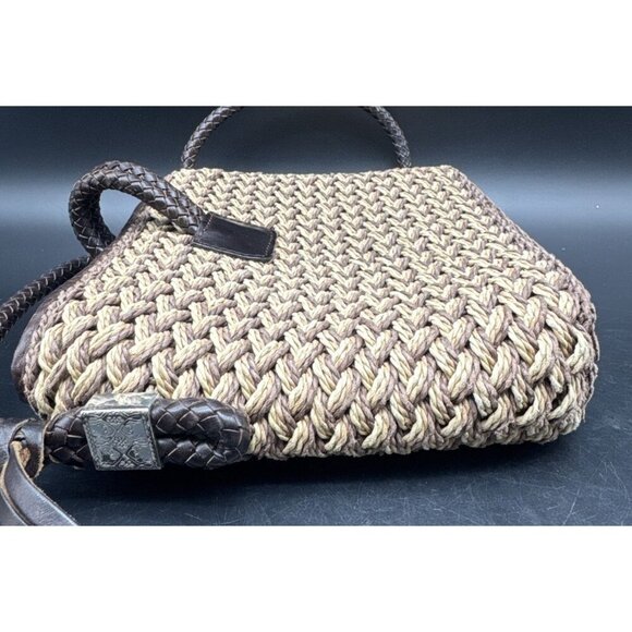 BRIGHTON Handbag Straw Crossbody Shoulder Purse Brown Leather Flower Lined Charm - Picture 3 of 16